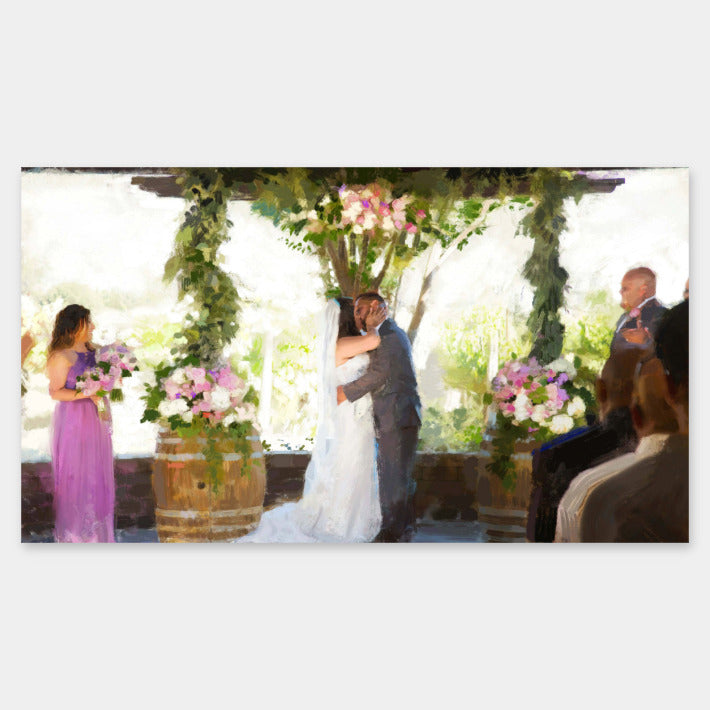 A couple kisses on their wedding, the image looks painted, but the people look realistic and recognizable as if it was a photo previously.