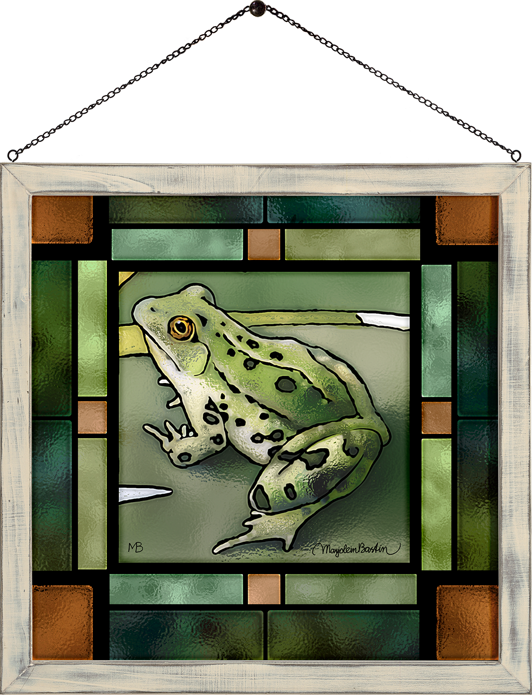 Green Frog Concert Framed Glass Art by Marjolein Bastin