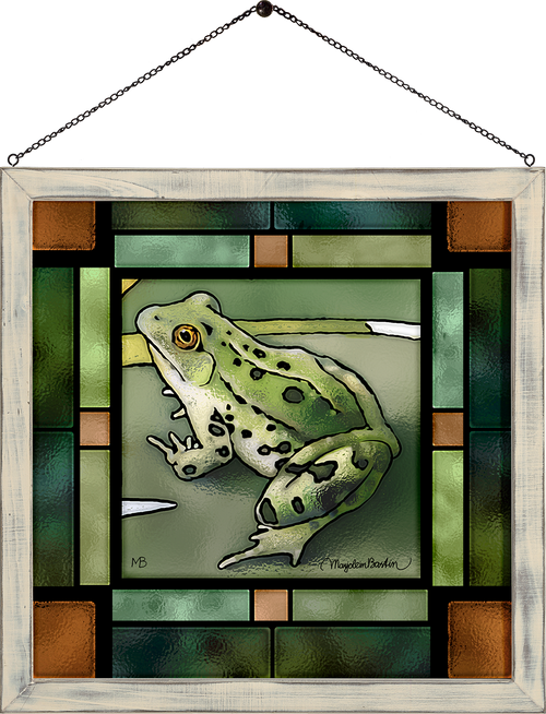 Green Frog Concert Framed Glass Art by Marjolein Bastin