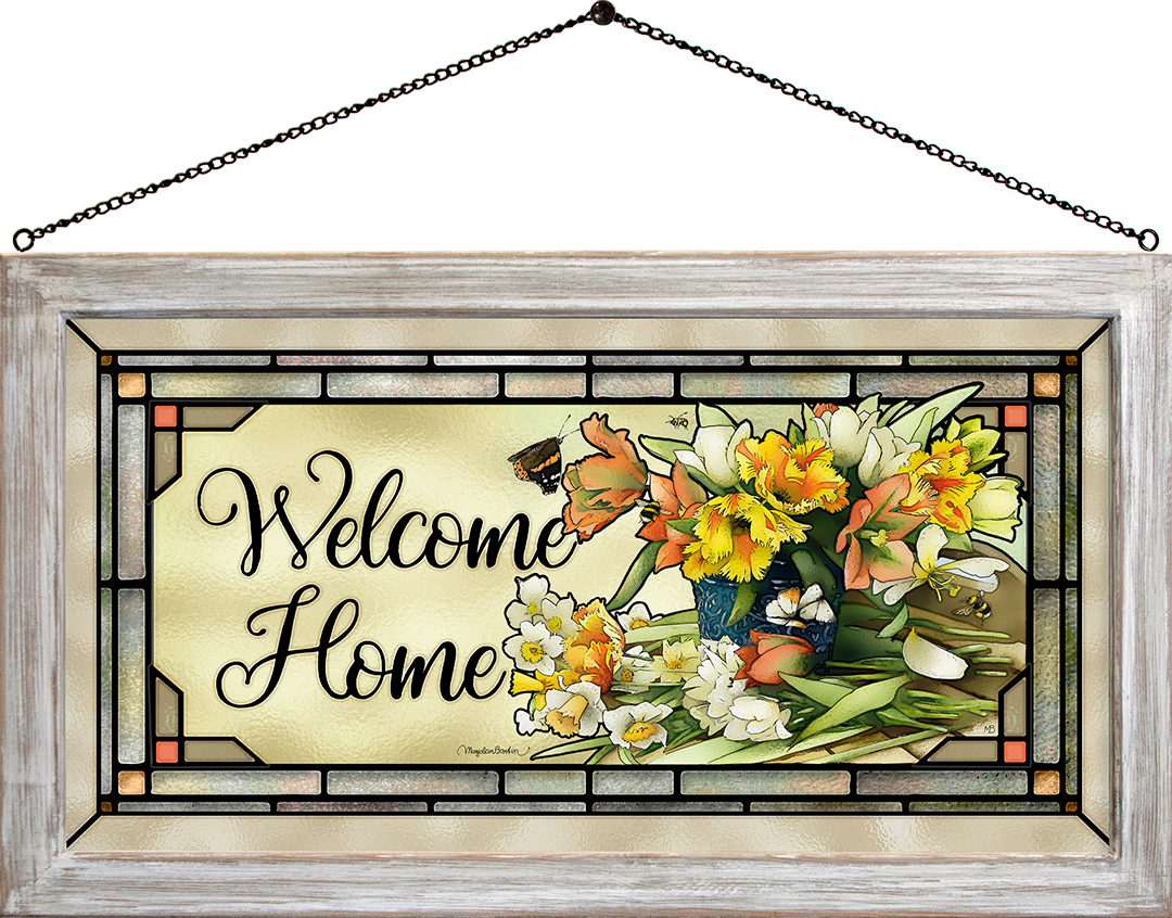 Welcome Home Floral Framed Glass Art by Marjolein Bastin