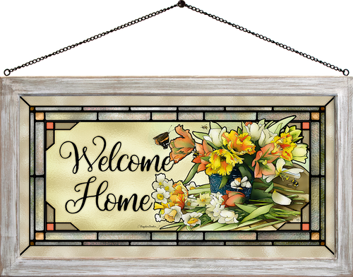 Welcome Home Floral Framed Glass Art by Marjolein Bastin