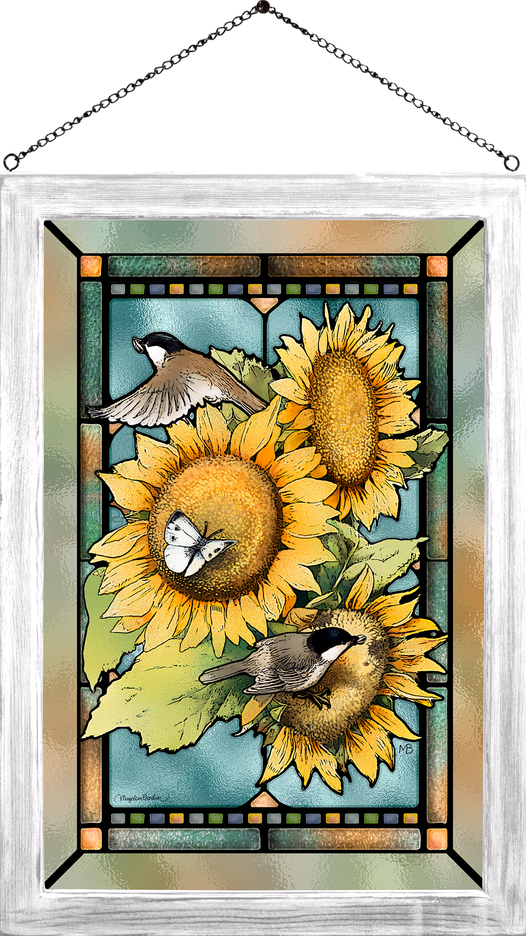 Chickadees and Sunflowers Framed Glass Art by Marjolein Bastin