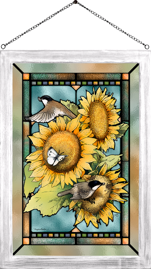 Chickadees and Sunflowers Framed Glass Art by Marjolein Bastin
