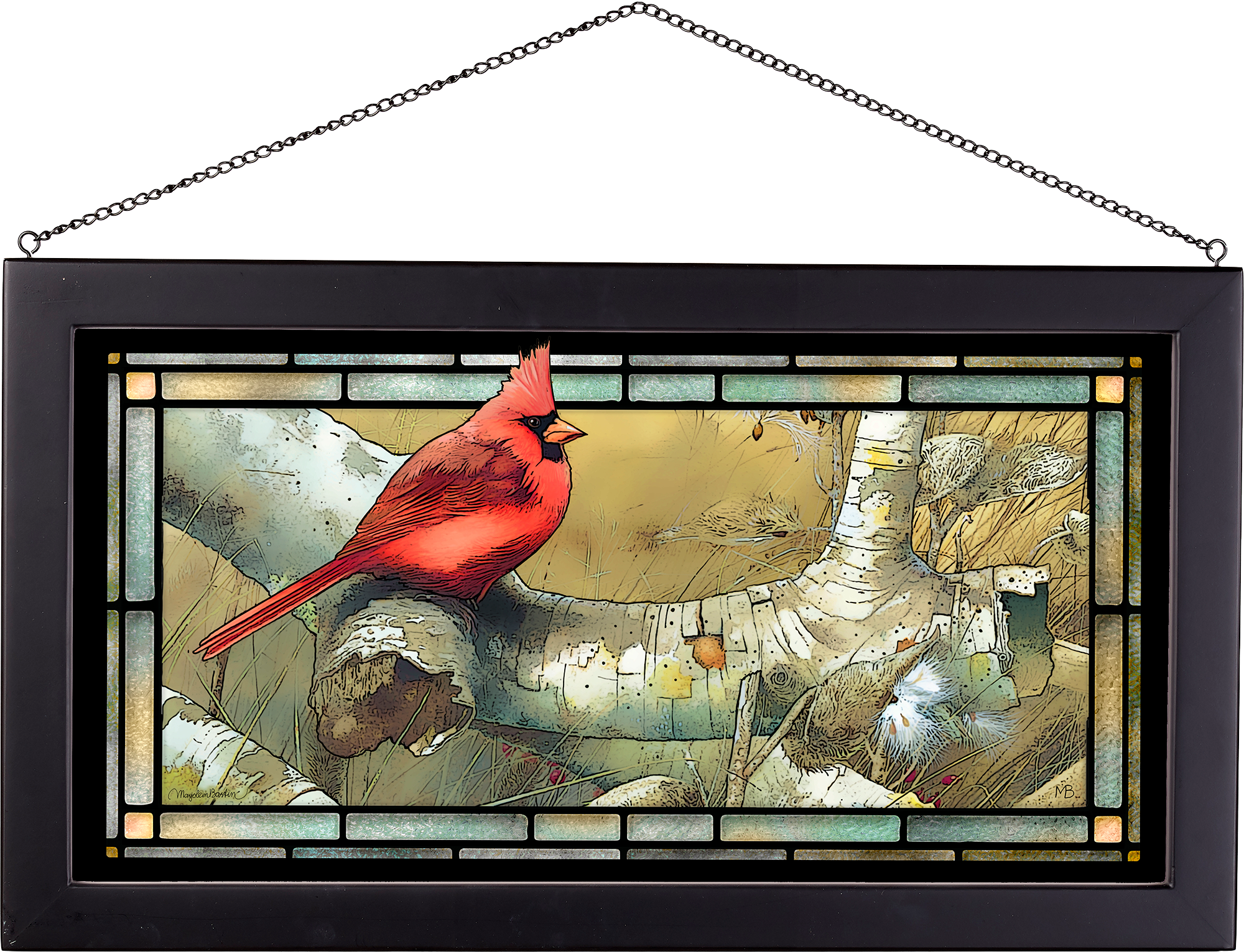 Cardinal on Sycamore Framed Glass Art By Marjolein Bastin