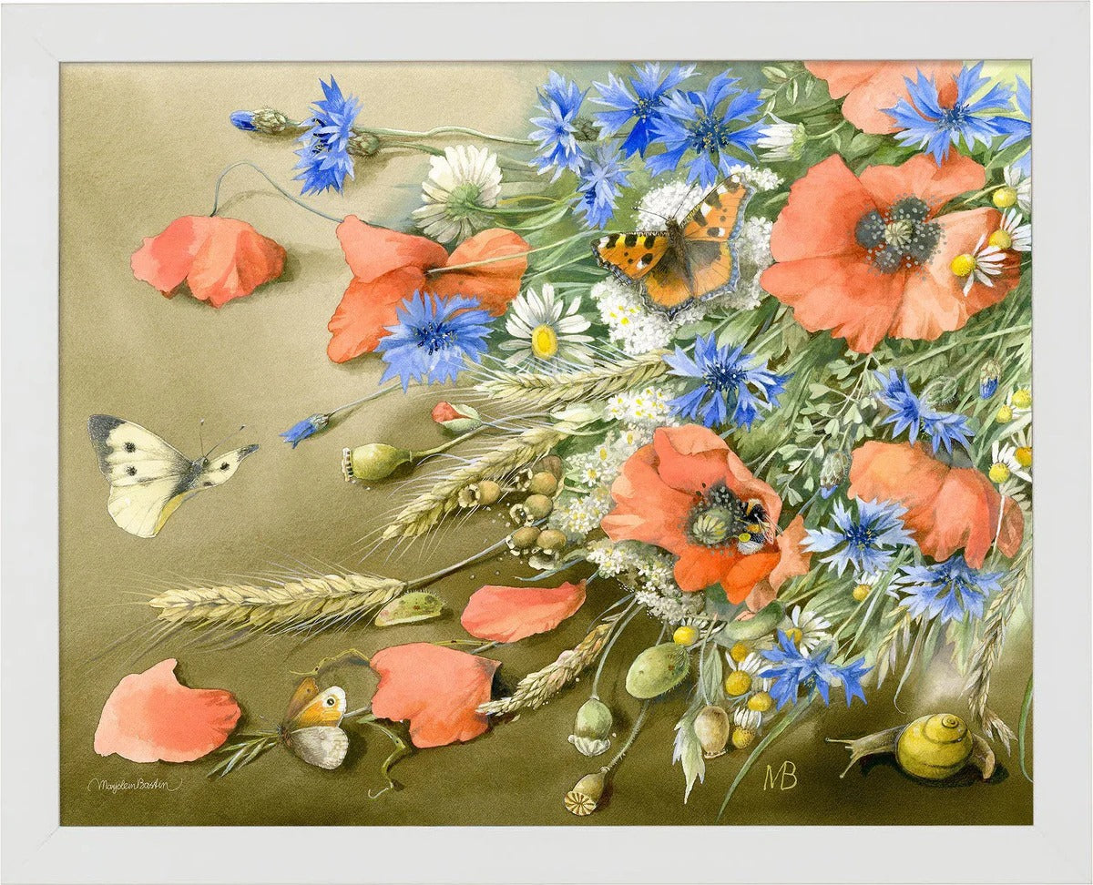 Floral still-life with butterflies and blue flowers by Marjolein Bastin – Nature-inspired art from Art Brand Studios