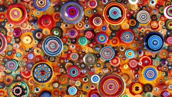 Colorful circular abstract mixed-media collage by Robert Swedroe – Modern art from Art Brand Studios