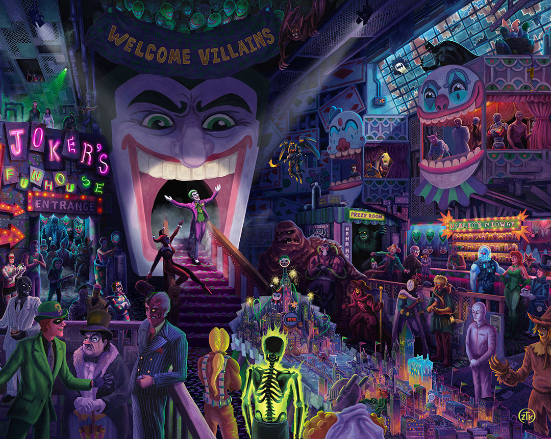 Colorful DC Comics villains artwork featuring Joker and Harley Quinn – Licensed art collaboration by Art Brand Studios