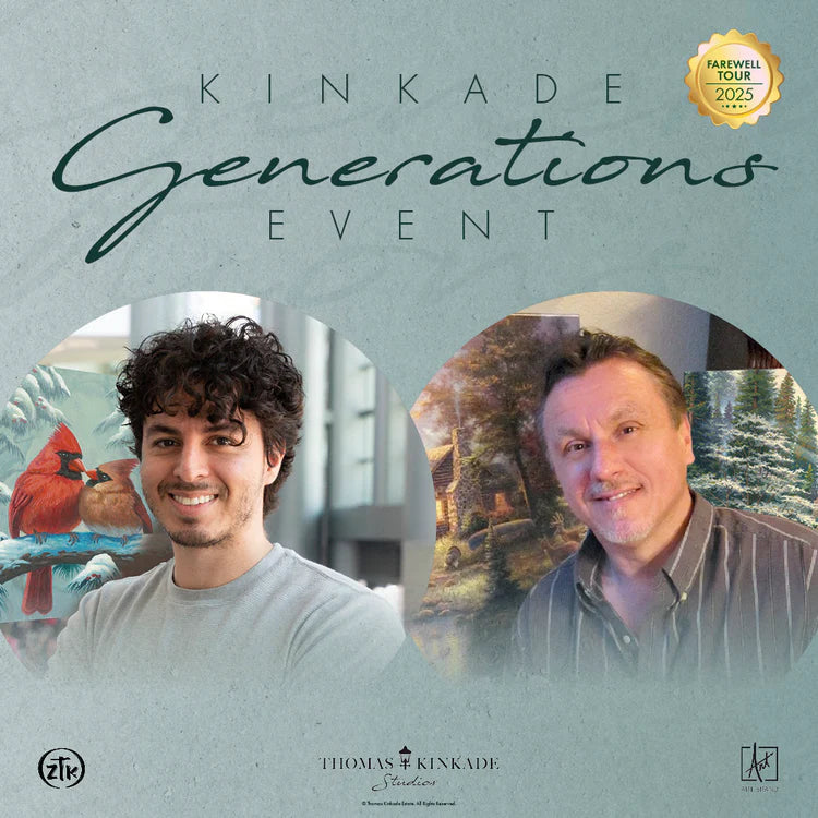 Kinkade Generations Event promotional photo featuring Zachary Thomas Kinkade and Patrick Kinkade – Art Brand Studios.