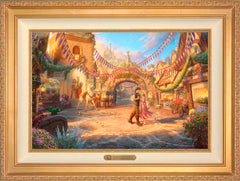 Disney Rapunzel Dancing in the Sunlit Courtyard Wall Art by Thomas Kinkade Studios Estate Edition Canvas 18" x 27" Antique Gold