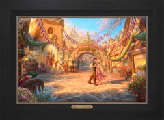 Disney Rapunzel Dancing in the Sunlit Courtyard Wall Art by Thomas Kinkade Studios Estate Edition Canvas 18" x 27" Modern Black