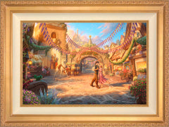 Disney Rapunzel Dancing in the Sunlit Courtyard Wall Art by Thomas Kinkade Studios Jewel Edition Canvas 18" x 27" Antique Gold
