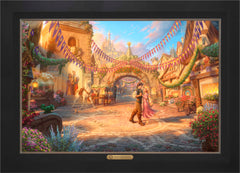 Disney Rapunzel Dancing in the Sunlit Courtyard Wall Art by Thomas Kinkade Studios Estate Edition Canvas 24" x 36" Modern Black