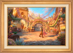 Disney Rapunzel Dancing in the Sunlit Courtyard Wall Art by Thomas Kinkade Studios Jewel Edition Canvas 24" x 36" Antique Gold
