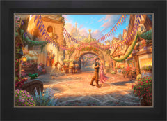 Disney Rapunzel Dancing in the Sunlit Courtyard Wall Art by Thomas Kinkade Studios Jewel Edition Canvas 24" x 36" Modern Black