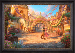 Disney Rapunzel Dancing in the Sunlit Courtyard Wall Art by Thomas Kinkade Studios Jewel Edition Canvas 24" x 36" Cabernet
