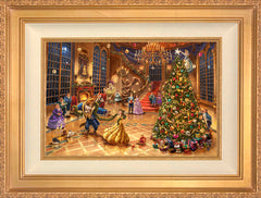 Disney Beauty and the Beast Christmas Celebration Wall Art by Thomas Kinkade Studios Jewel Edition Canvas 12" x 18" Antique Gold