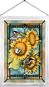 Chickadees and Sunflowers Framed Glass Art by Marjolein Bastin