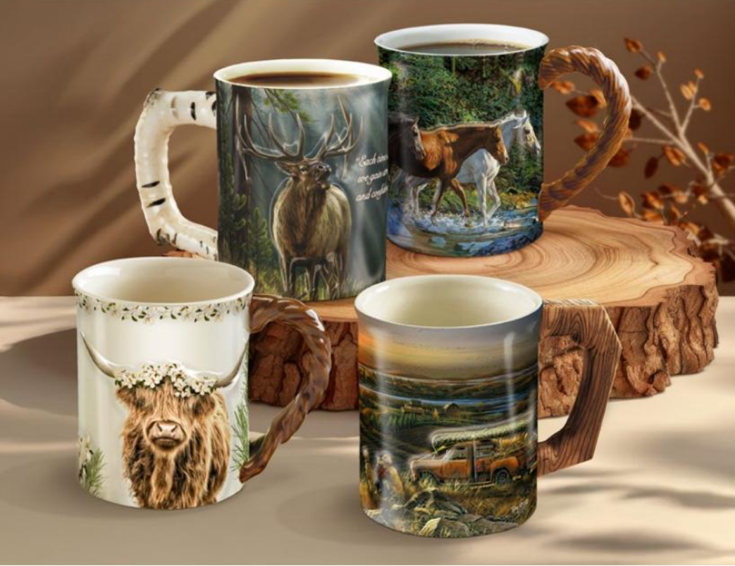 Set of wildlife-themed coffee mugs featuring elk, horse, truck, and highland cow artwork – Art Brand Studios Wholesale Availability