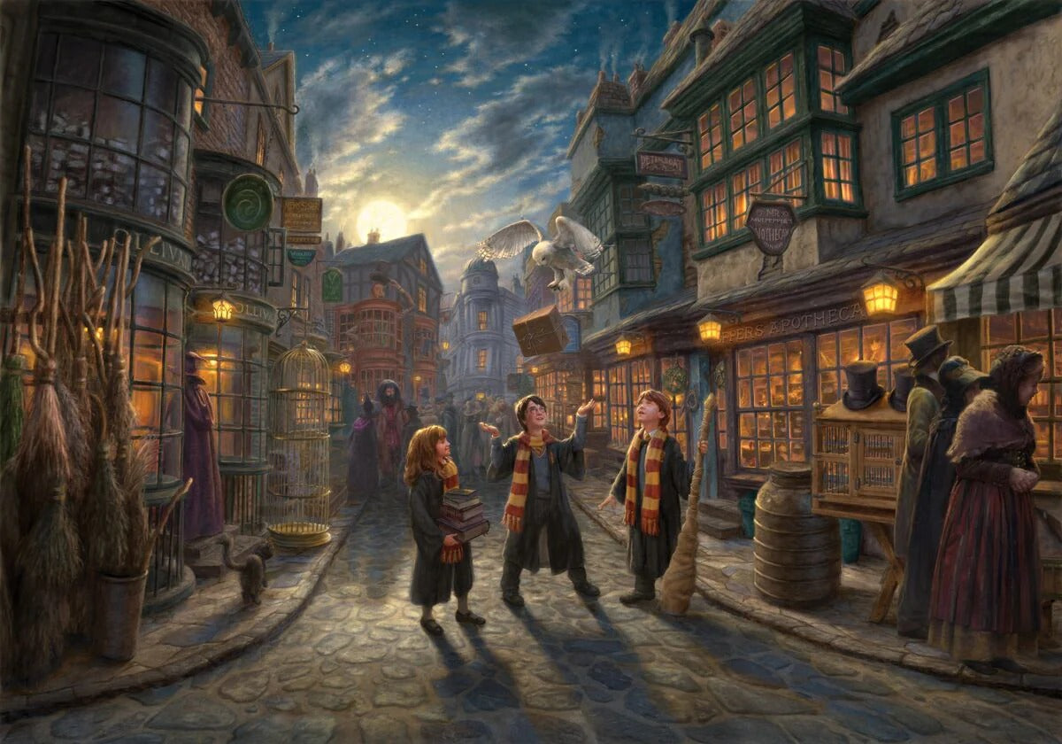 Harry Potter Diagon Alley painting with collectors admiring framed artwork – Partner With the World’s Most Iconic Brands at Art Brand Studios