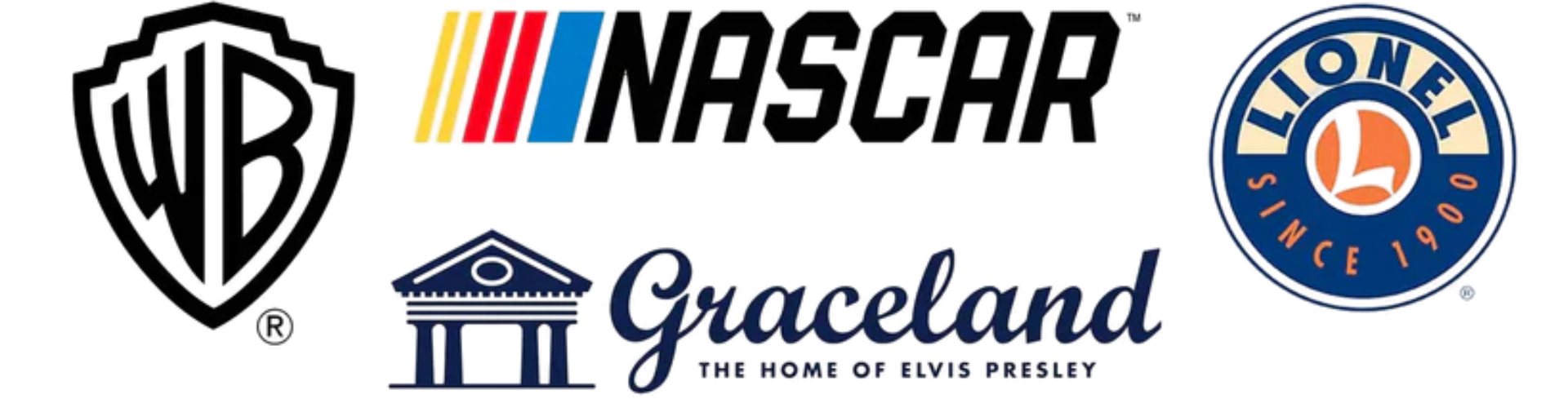 Warner Bros, NASCAR, Graceland, and Peanuts licensed brand logos – Art Brand Studios partnerships with legendary brands