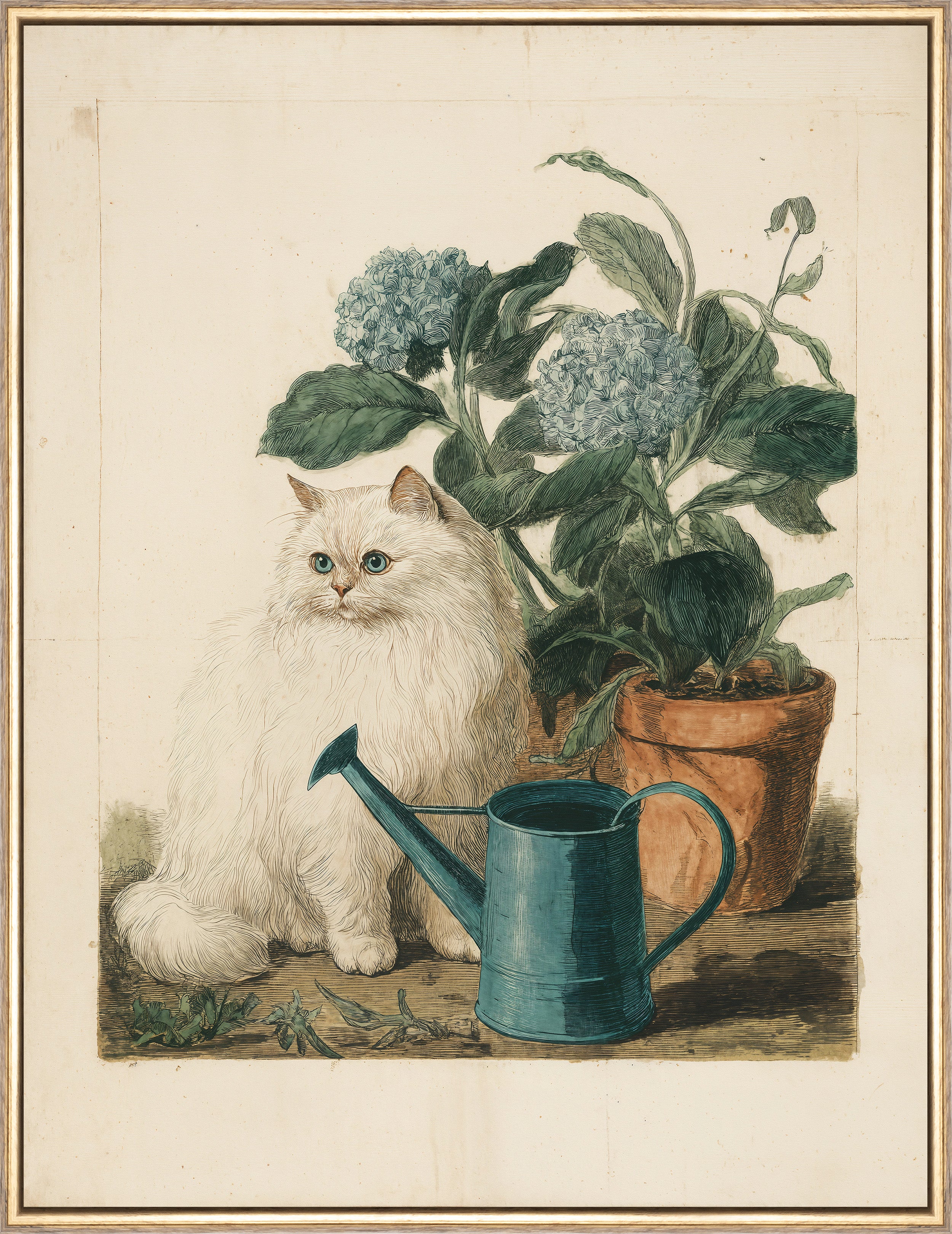 Martha Stewart Bedford | Garden Still Life: Cat in Garden | Framed Country Farmhouse Wall Art