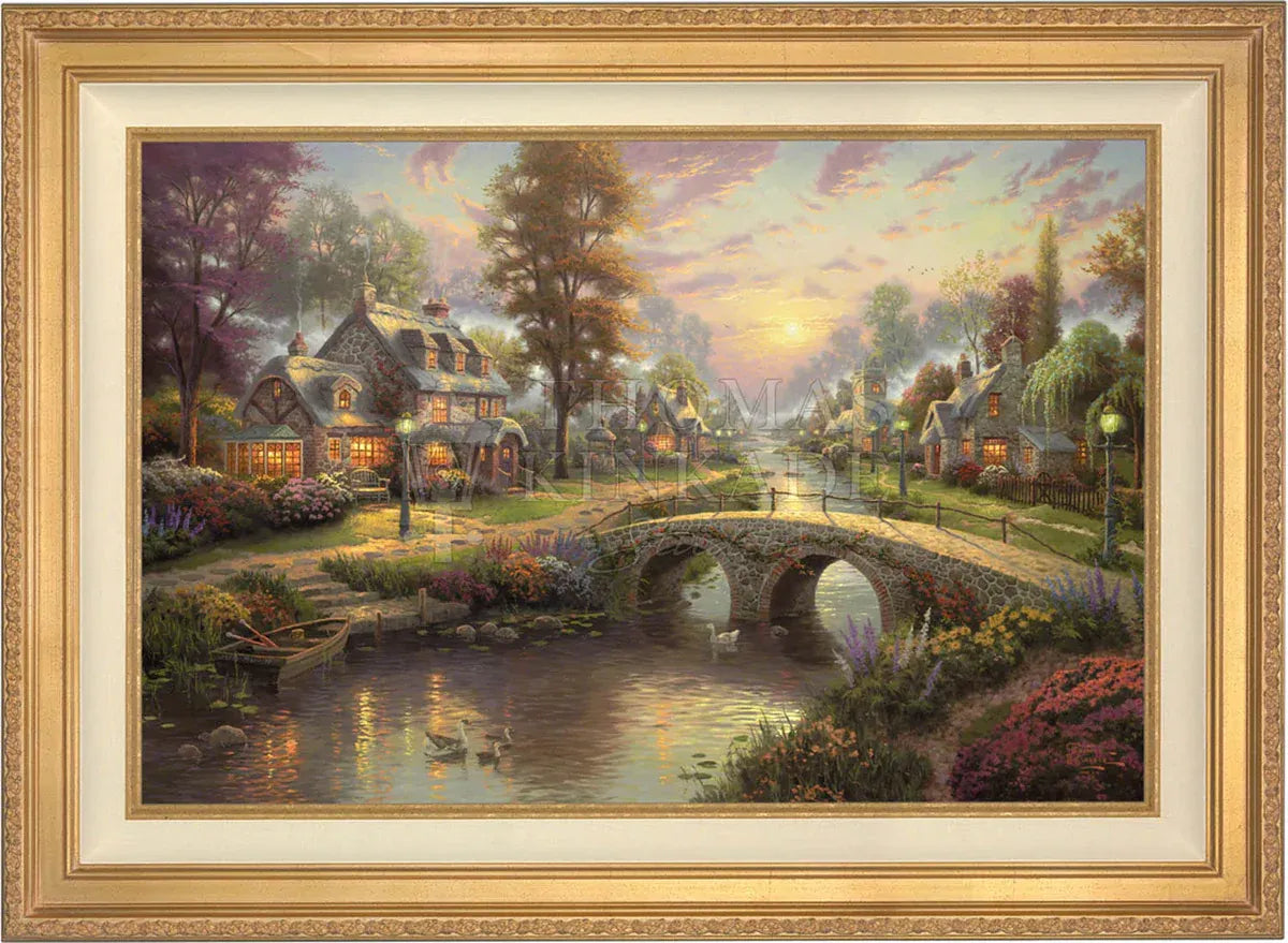Thomas Kinkade painting of stone bridge and cottage – Painter of Light collection distributed by Art Brand Studios