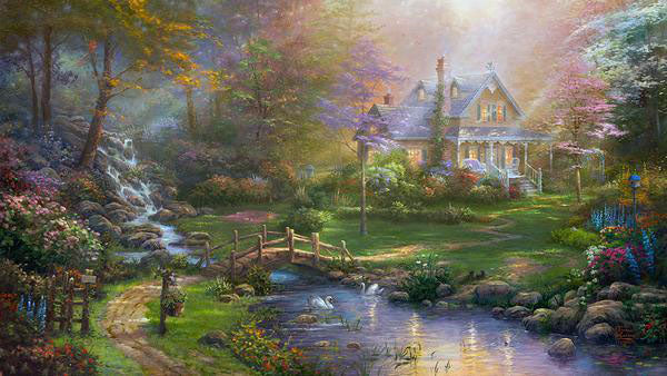 Classic cottage landscape painting by Thomas Kinkade – The Painter of Light at Art Brand Studios