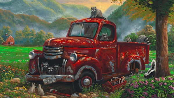 Red vintage truck painting by Zac Kinkade – Whimsical Americana art available through Art Brand Studios