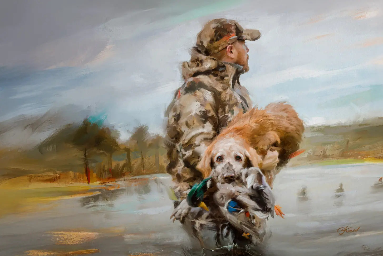 After: painted style of a hunter holding his dog